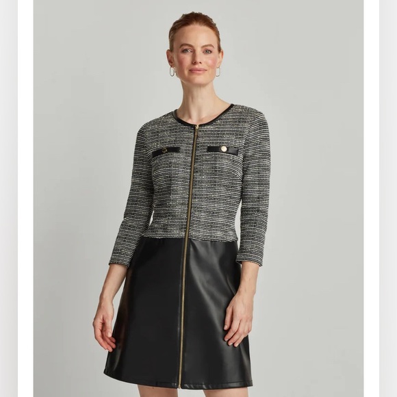 Ellen Tracy JACQUARD KNIT DRESS WITH VEGAN LEATHER SKIRT size Medium like new - Picture 10 of 11
